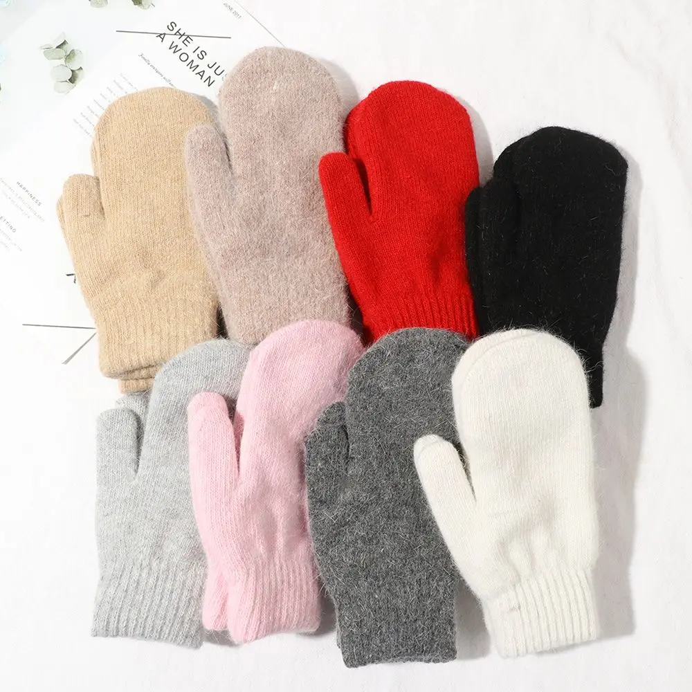 Women Girl Soft Solid Color Double Layer Winter Gloves All Fingers Rabbit Hair Mittens