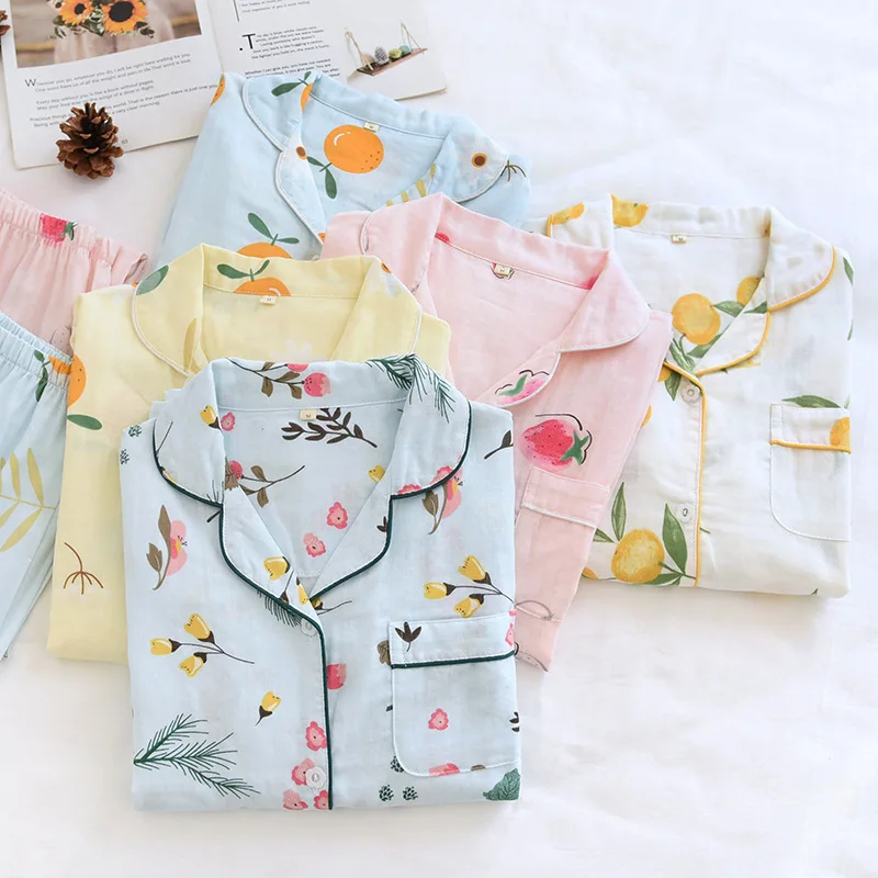 M-XXXL Size spring summer pajamas two-piece ladies 100% cotton gauze long-sleeved trousers simple flowers loose home service set