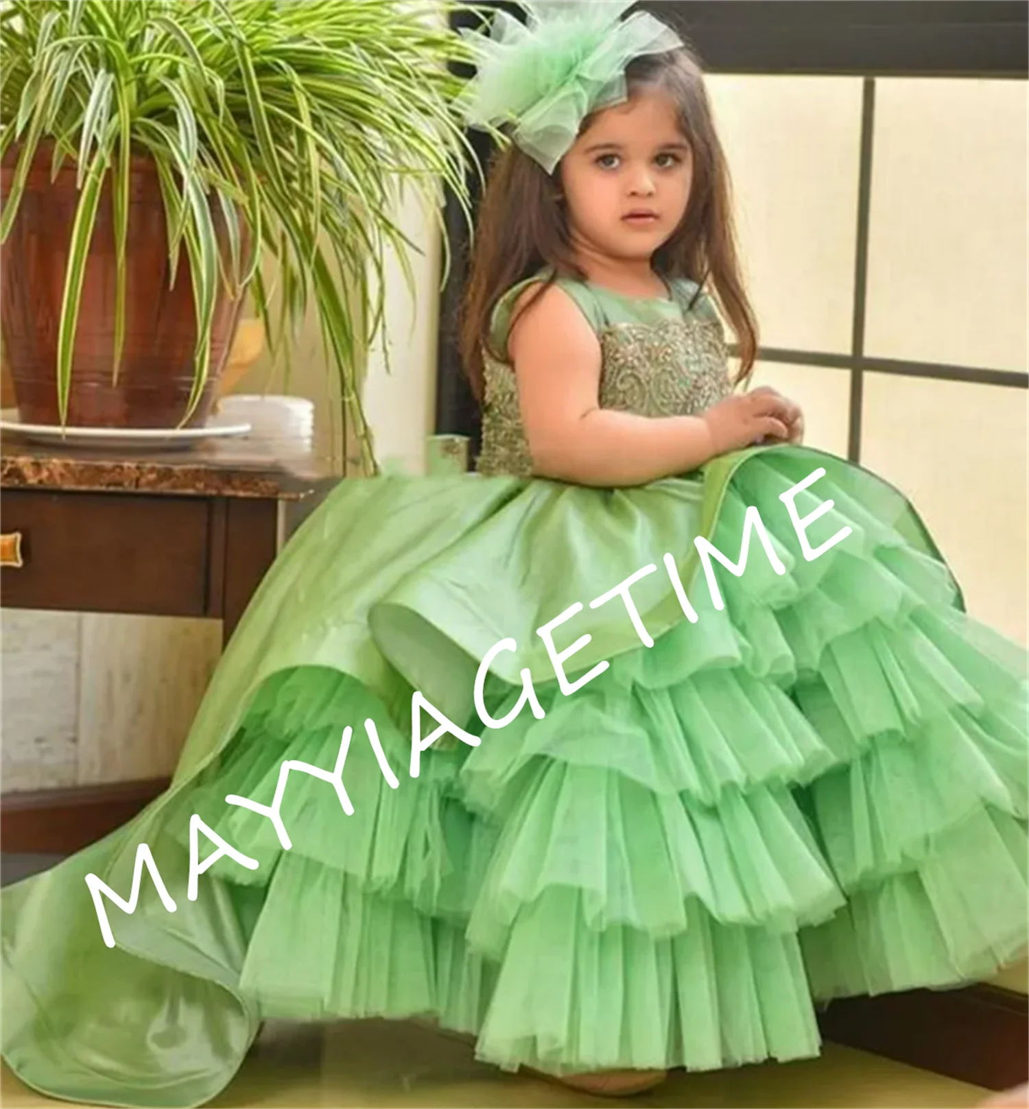 Vestido de renda de tule macio para florista, Applique verde, casamento elegante, primeiro vestido de festa eucarística infantil