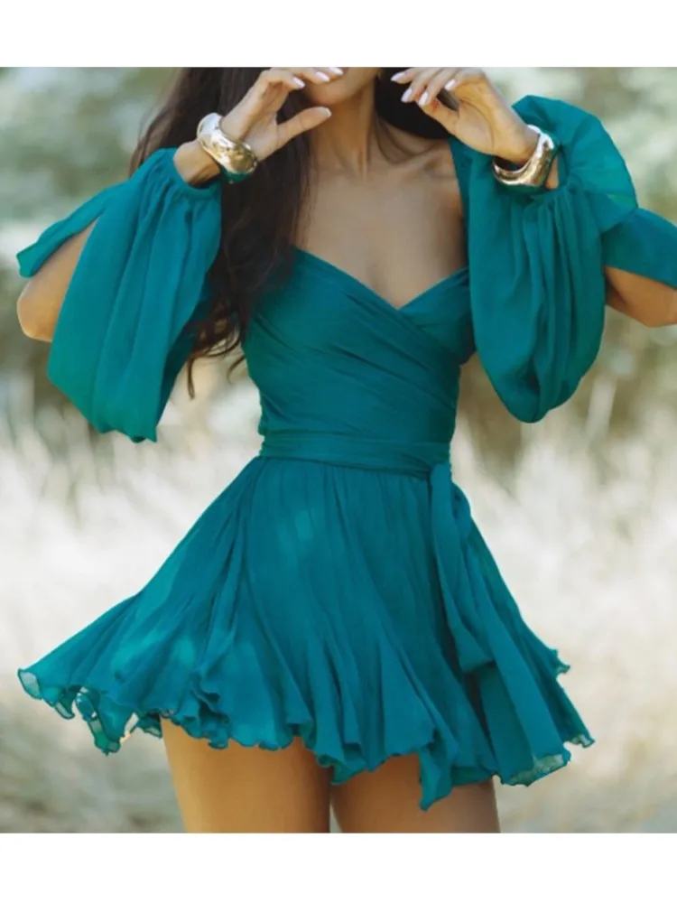 

2026 A-line Dress Party Vestido Dresses For Ladies Woman Temperament Elegant Sexy Slit Long Sleeves Slim V-link Chiffon Leace-up