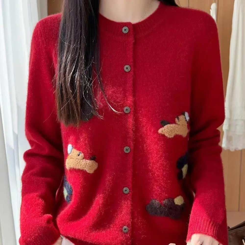 100% cashmere soft waxy cure puppy long sleeve embroidered round neck cardigan women's sweater sweater