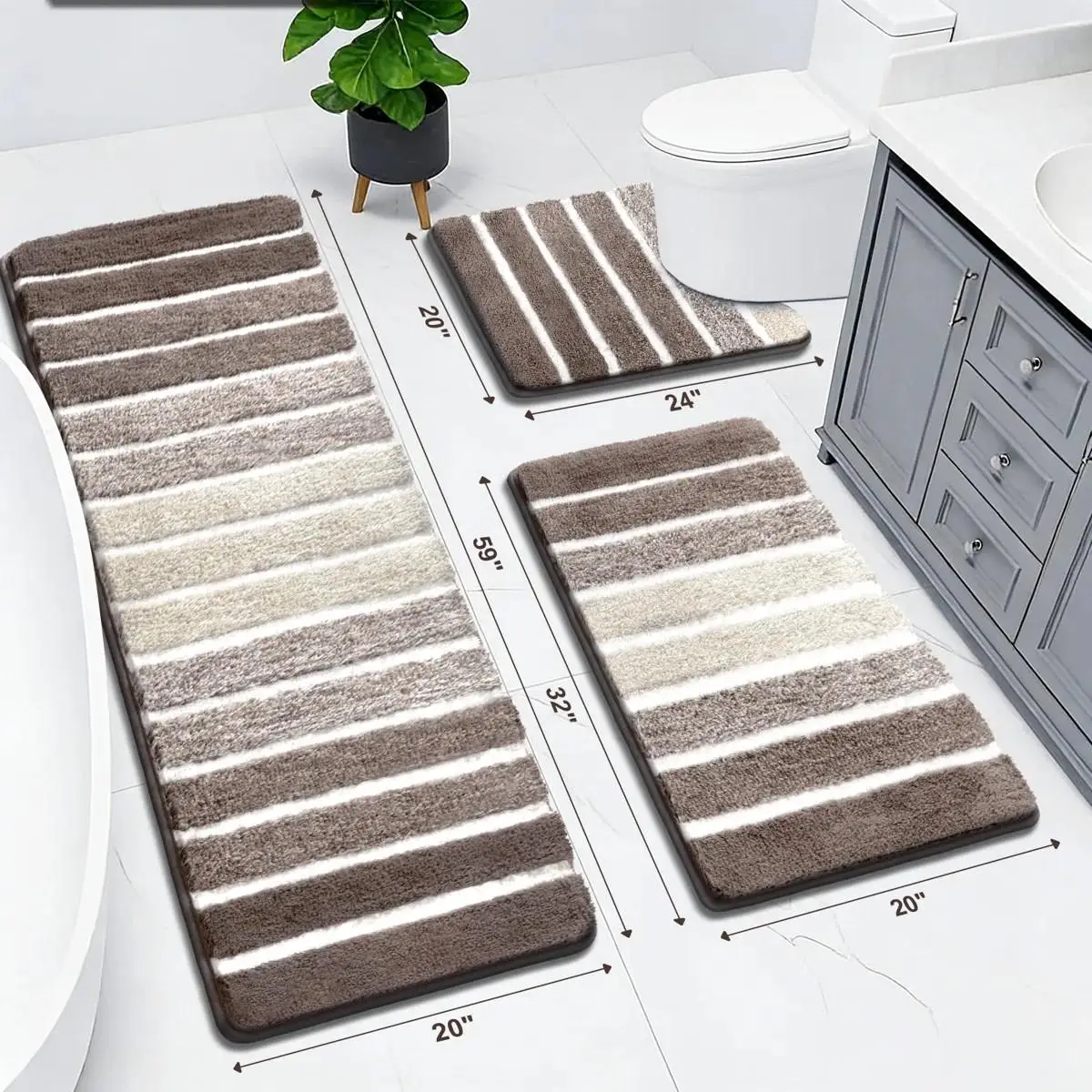 3Pcs/Set Soft Microfiber Shaggy Bath Mat Set Washable Non-Slip Bathroom Rugs Ultra-Absorbent Shower Floor Carpet U-Shaped Toilet Pedestal Mat Fluffy Cushion Carpet for Tub Apartment Bathroom Accessories