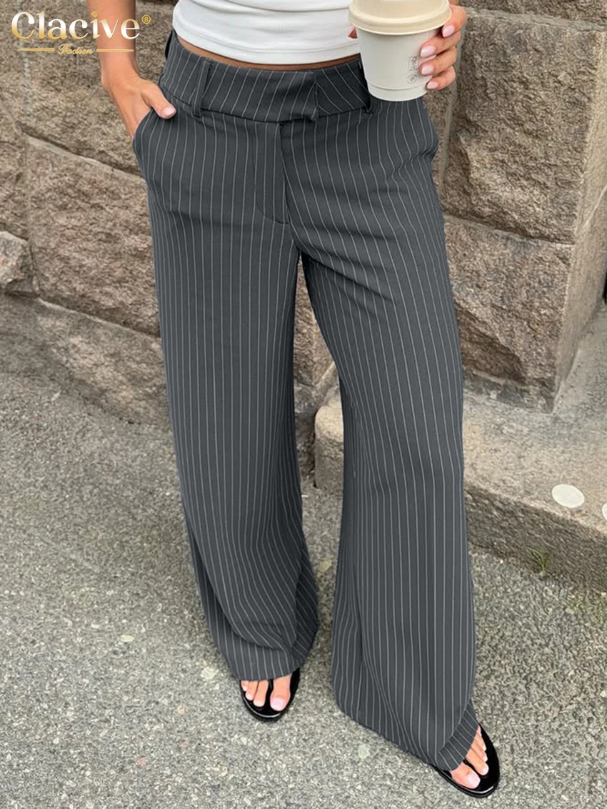 Clacive Spring Loose Gray Stripe Office Women Pants 2027 Fashion High Waist Wide Trousers Elegant Classic Pants Female Clothing