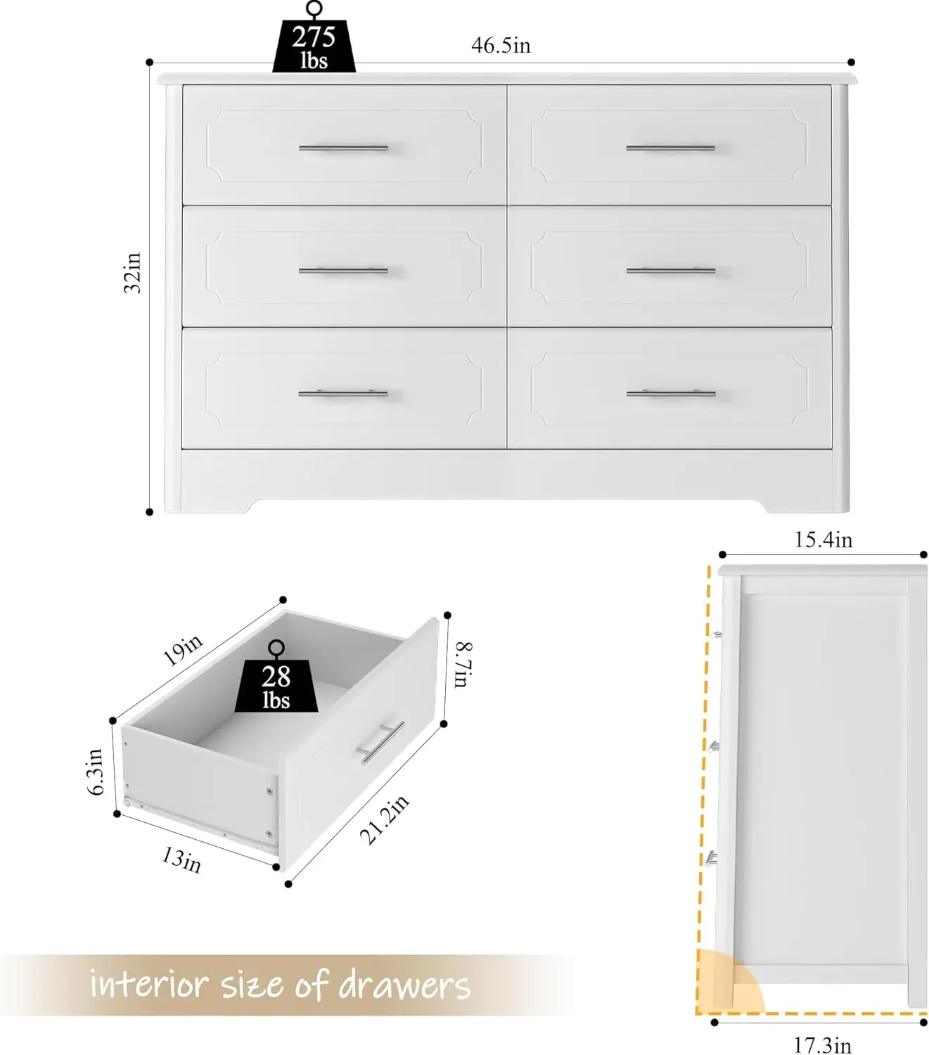 (Trápezoidal/blanco) Cómoda de 6 cajones, cómoda doble blanca moderna, cómoda ancha con tiradores de metal, almacenamiento de madera decorativa Dr