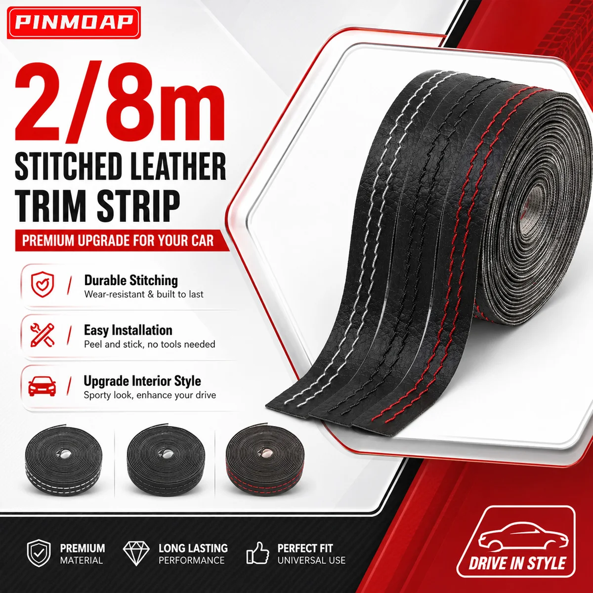 PINMOAP 2/8m Universal Stitched Leather Trim Strip Auto Interior Decoration Tape Dashboard Edge Protector Door Panel Trim
