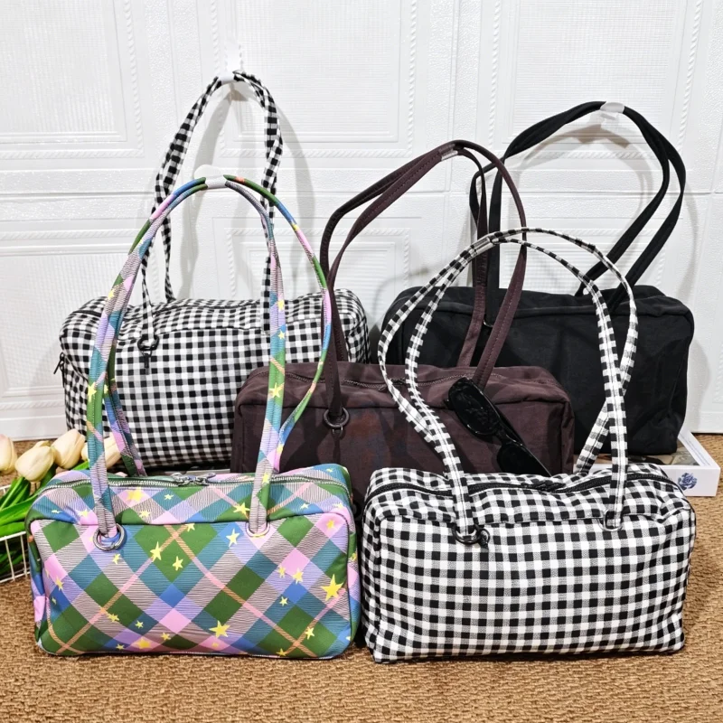 

New Style Checkered Shoulder Bag Fashion Solid Color Simple Large Capacity Nylon Tote Bag Canvas Travel Handbag Storage Bag