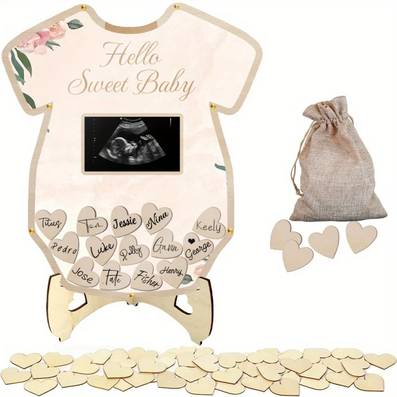 Baby shower sign, Wooden Guest Book with Photo Slot, 60 Heart-Shaped Signing Plaques, Drawstring Storage Bag and Stand
