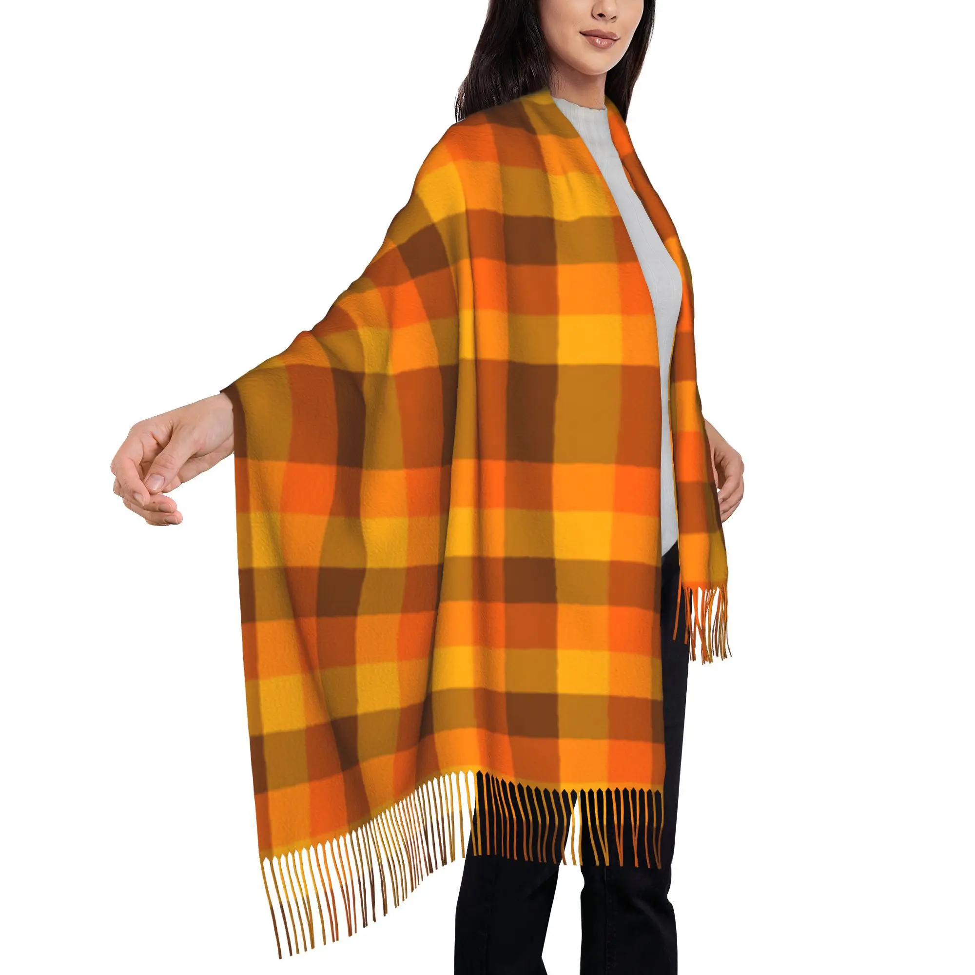 1pc 2D Flat Printing Autumn Warm Orange Brown Square Grid Decor Pattern Shawl, Fall Easy Warm Birthday Wrap