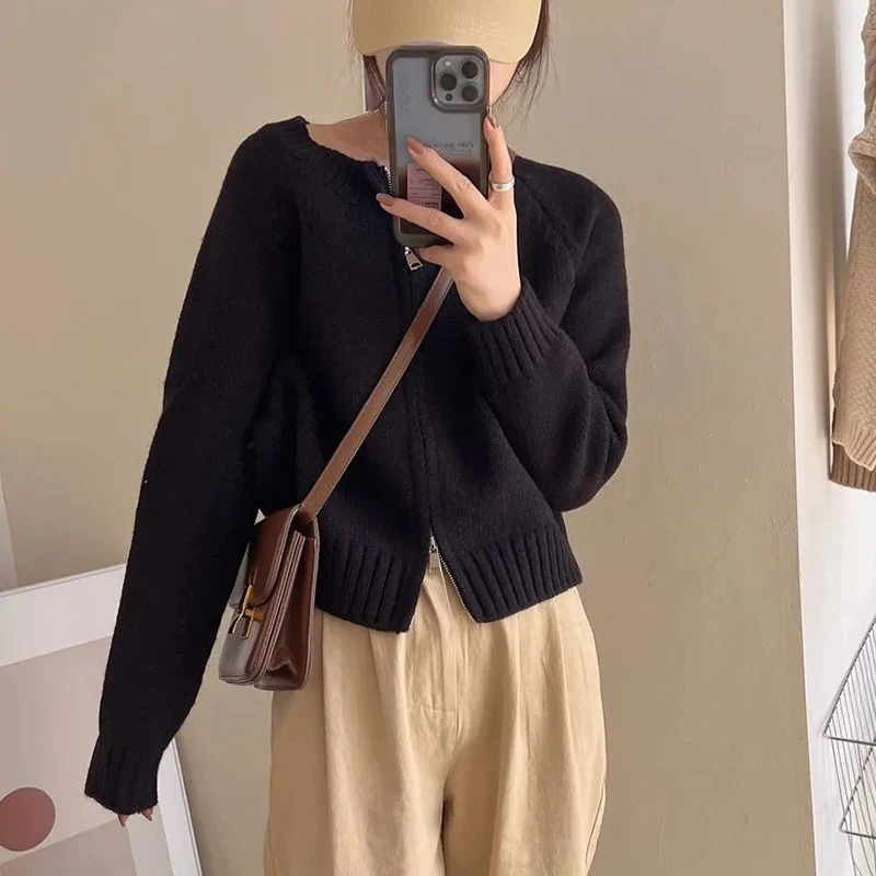 Gidyq Korean Women Cardigan Sweater Autumn Fashion Streetwear Loose Knitted Coat Casual Female Designed Double Zipper Jacket New