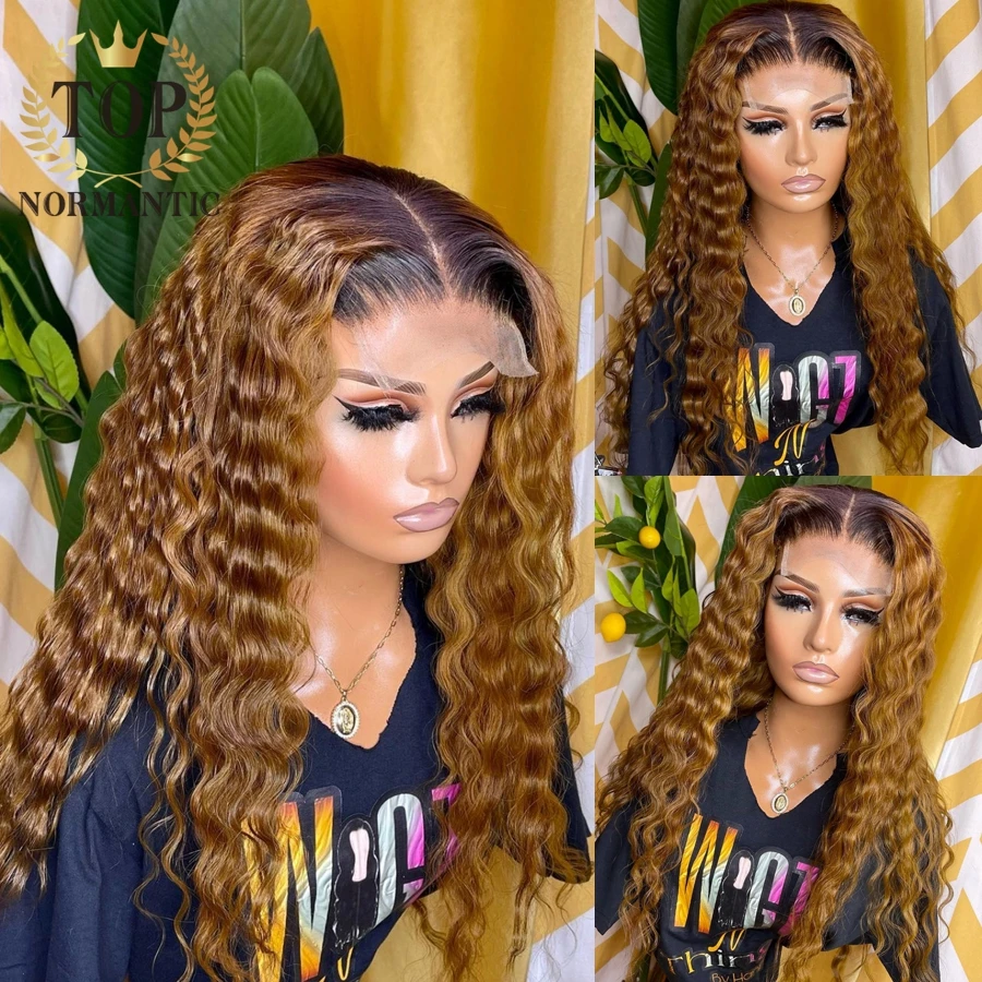 Topnormantic Deep Wave Ombre Brown Color Wig with Dark Roots 13x6 Lace Front Remy Brazilian Human Hair Wigs for Women