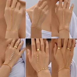 Creative Copper Gold plated Bead Chain Connected Finger Ring Bangle Bracelets for Women Linked Hand Harness Fashion Jewelry Gift