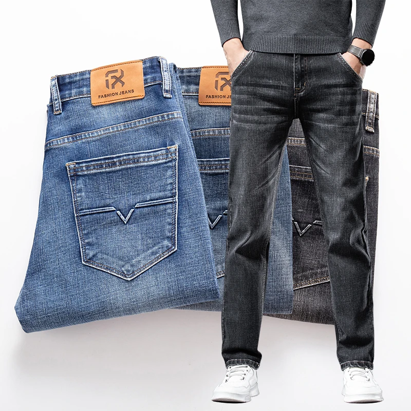 

2025 Autumn New Men Regular Fit Stretch Jeans Classic Style Smoky Gray Fashion Casual Denim Pants Male Brand Trousers Blue