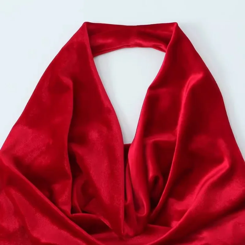 Topenomi, vestidos de noche sexis de terciopelo con cuello Halter rojo para mujer, vestido largo de fiesta de banquete envuelto con cintura ajustada y espalda descubierta con temperamento francés