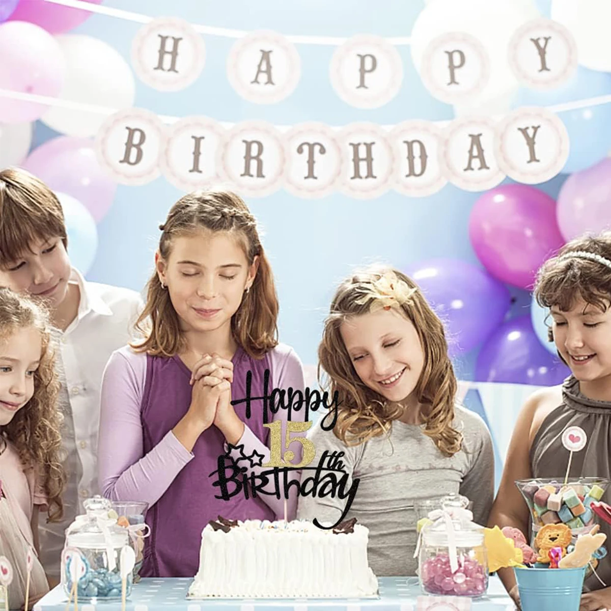 قطعتان من كعكة عيد الميلاد Happy15th باللون الذهبي والأسود لتزيين كعكة عيد الميلاد لمستلزمات زينة حفلات الذكرى السنوية