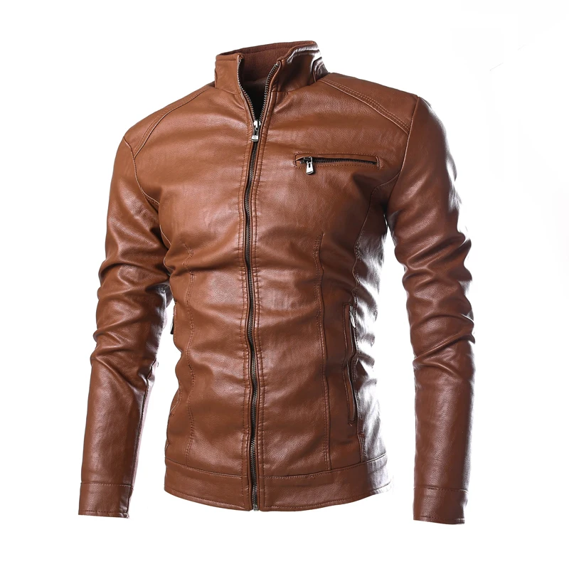 

Nice Pop Fashion Men's Solid Color Leather Jacket , High-quality PU leather stand-collar slim jacket jacket Brown, black
