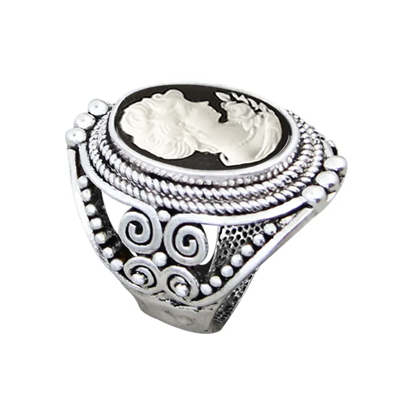 Oval Lady Queen Cameo Rings For Women Vintage Hollow Flower Rings Antique Silver Plated Cocktail Party Fashion Jewelry