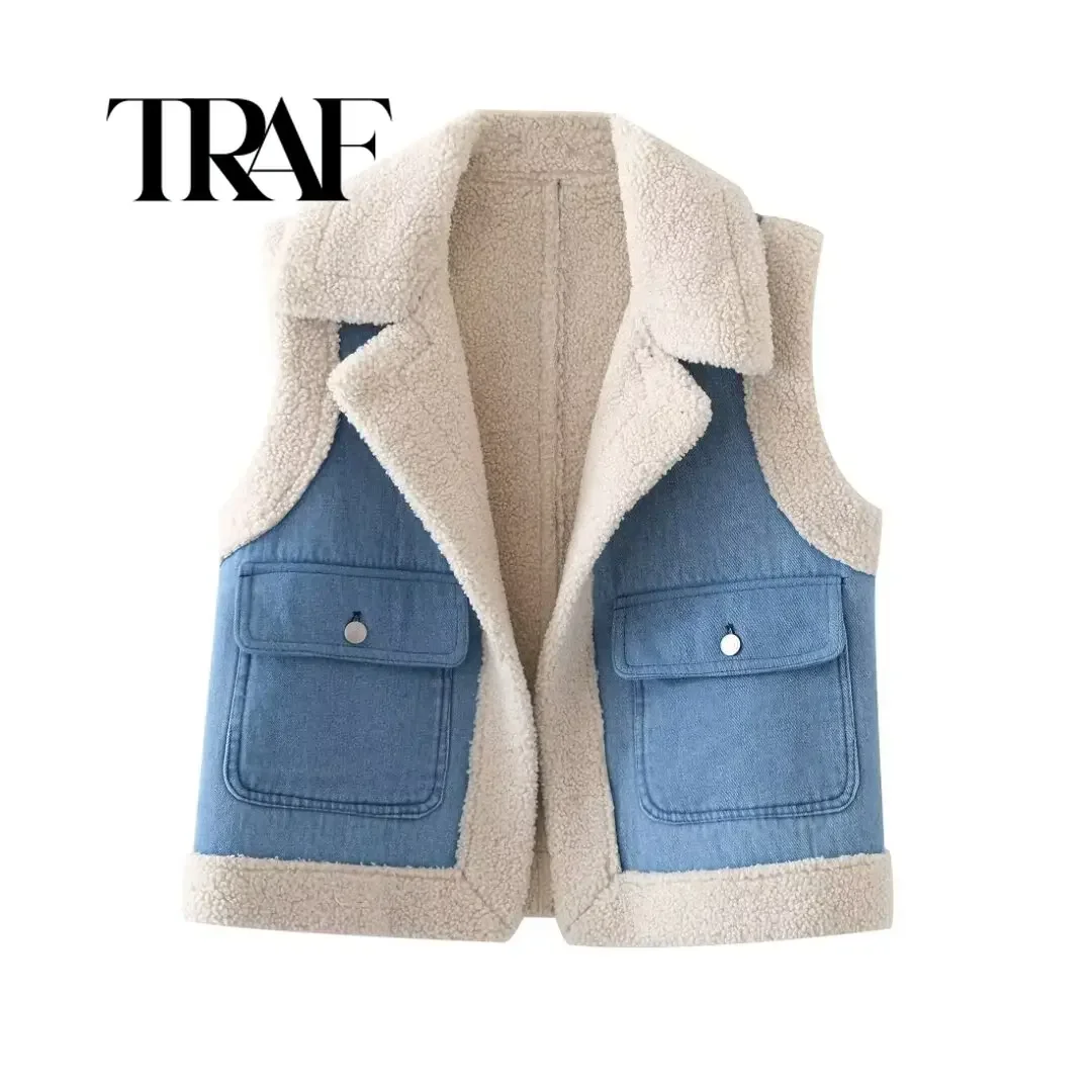 

TRAF Women Faux Sheepskin Fur Waistcoat Autumn Winter Chic Lady Denim Vest Woman Sleeveless V Neck Jacket Waistcoats