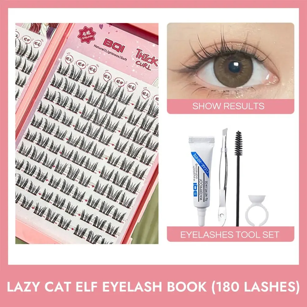 BQI Lazy Cat Elf Eyelashes Book 180pcs Large Capacity Enlarge Your Eyes Naturally DIY Lash Clusters with Glue Set