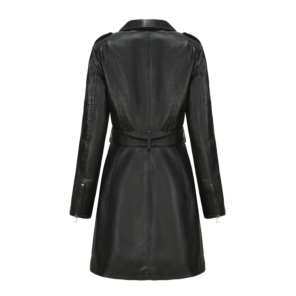 New In Black Long Leather Jacket With Belt For Women 2023 Fashion Fall Winter Long Sleeve Female Office Lady Trench Coat