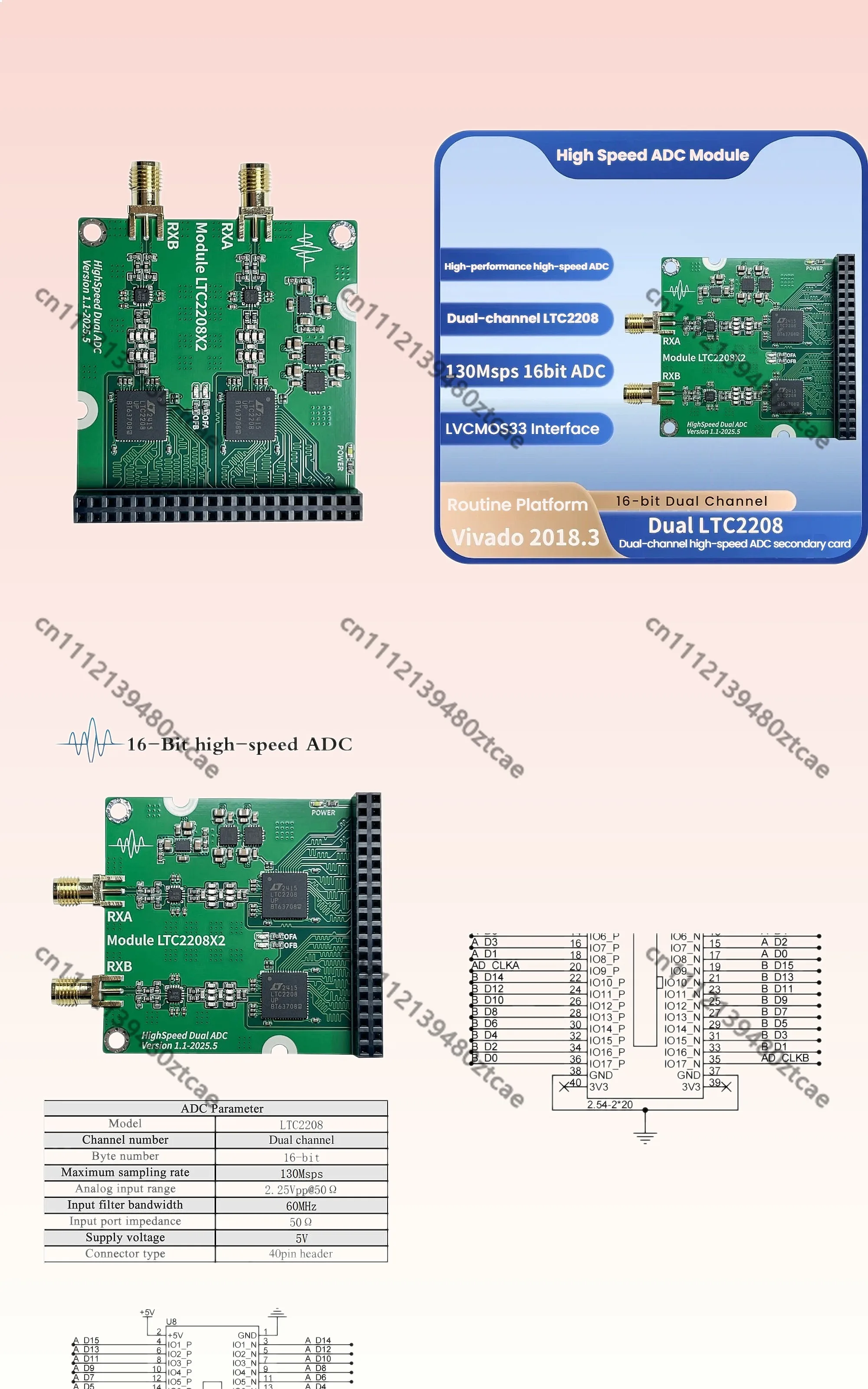 High-Speed 16-Bit Dual-Channel ADC Module 250MSPS LTC2208 FPGA Data Acquisition Board
