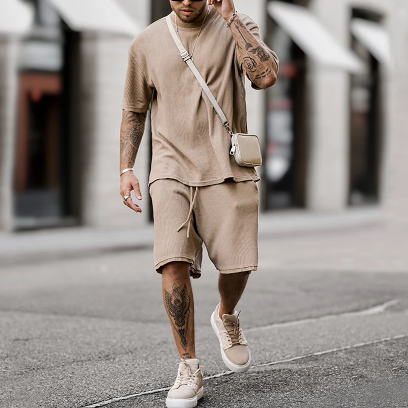 

Summer Fashion Solid Ribbed Clothing Men's Two Piece Short Sleeve O Neck T Shirt and Shorts Suits Men Streetwear Casual Outfits