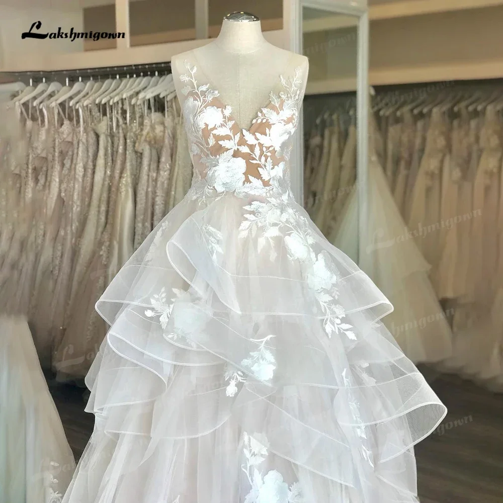 Prinses V-hals Boho Bruidsjurken Kant Applicaties Organza Ivoor Trouwjurken vestido de novia Real Picture Custom Made Bridal