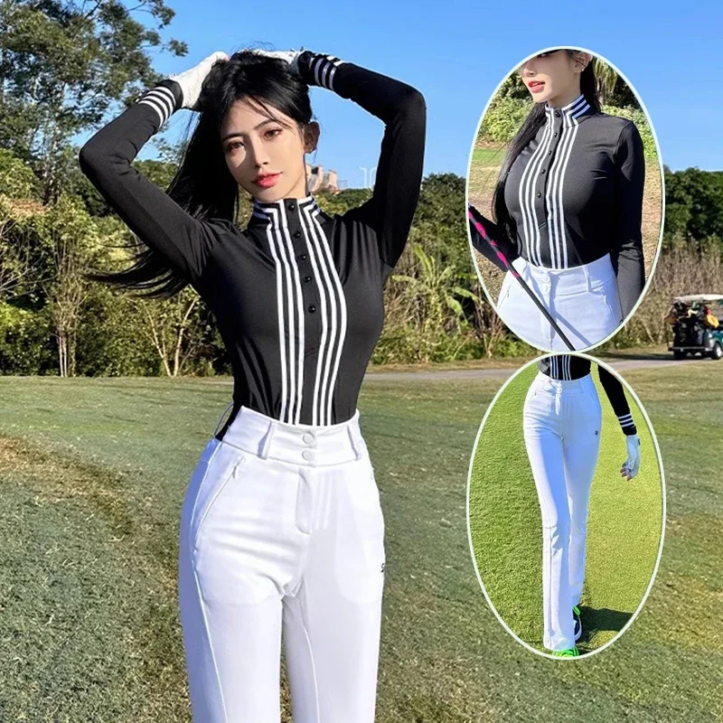 SG Golf Women Wear Thick Long Sleeve Golf Tops British Style Striped Polo Shirt Autumn Winter High Waist Flare Pants Slim Suit