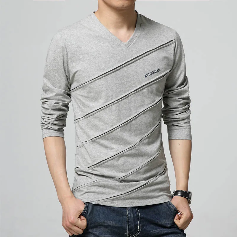 BROWON Fashion Trend Autumn T Shirt Men V Collar Long Sleeve T-Shirt Large Size Slim Fit Cotton Tops Tees Camisetas Male