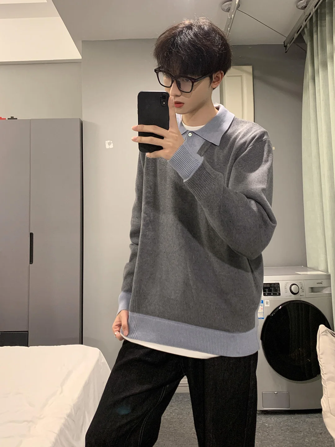 

ay Knitted Long Sve irt Men's Collared Sweatirt Cleanfit Inner Early Autumn Top Casual Sle Couple's Wear