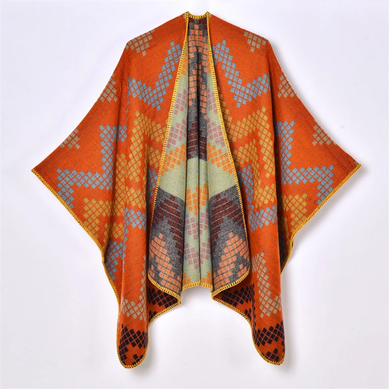 Cashmere Poncho Women Man Stripe Jacquard Scarf Winter Warm Shawl Cape Pashmina Female Warm Shawl Blanket Stole Cloak