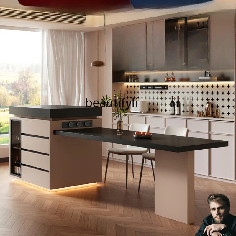 

Italian minimalist, dining table integrated rock slab guide cabinet, open kitchen, Nakajima