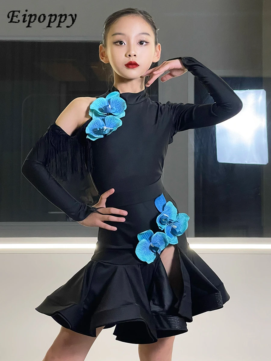 

Winter Latin Ballroom Dance Clothes Blue Flower Black Long Sleeves Competition Dress Kids