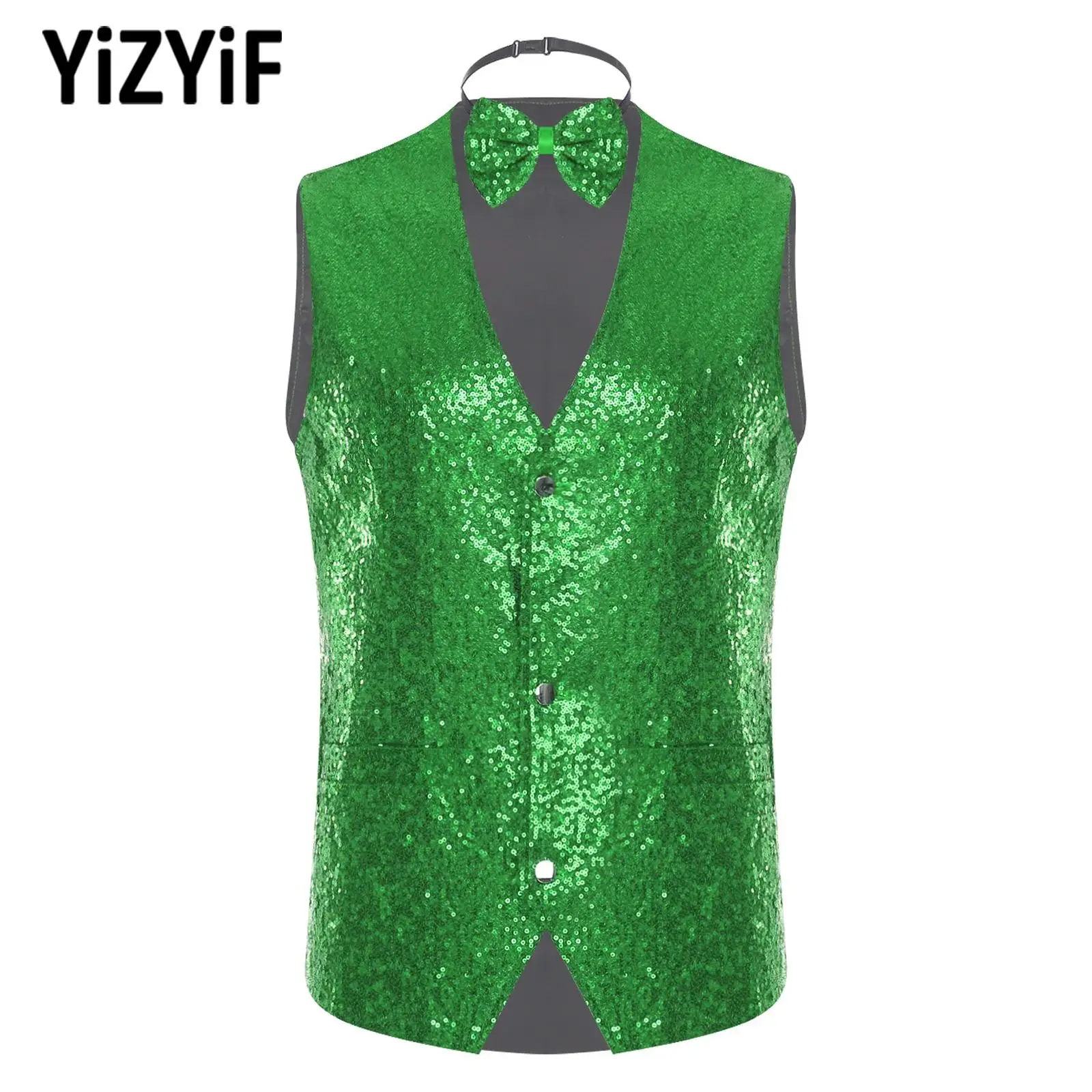 Sleeveless Disco Dance Shiny Vest Waistcoat with Bow Tie for Mens Halloween Carnival Fancy Dress Up Party Gentleman Blazer Vest