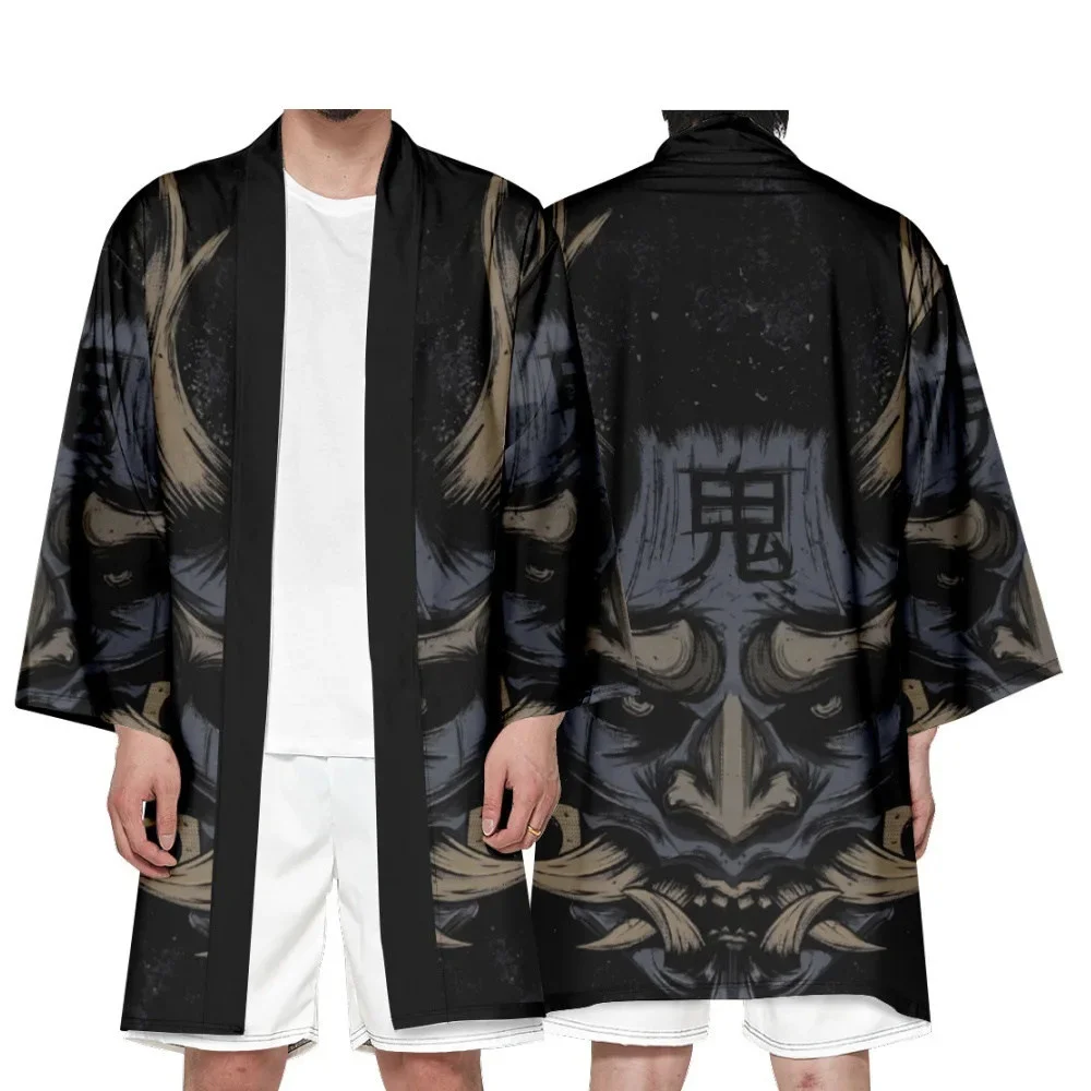 Men's Japanese Long Kimono Cardigan Boys Samurai Costume Kimono Demon Pattern Kimono Shirt Yukata Outer Cover