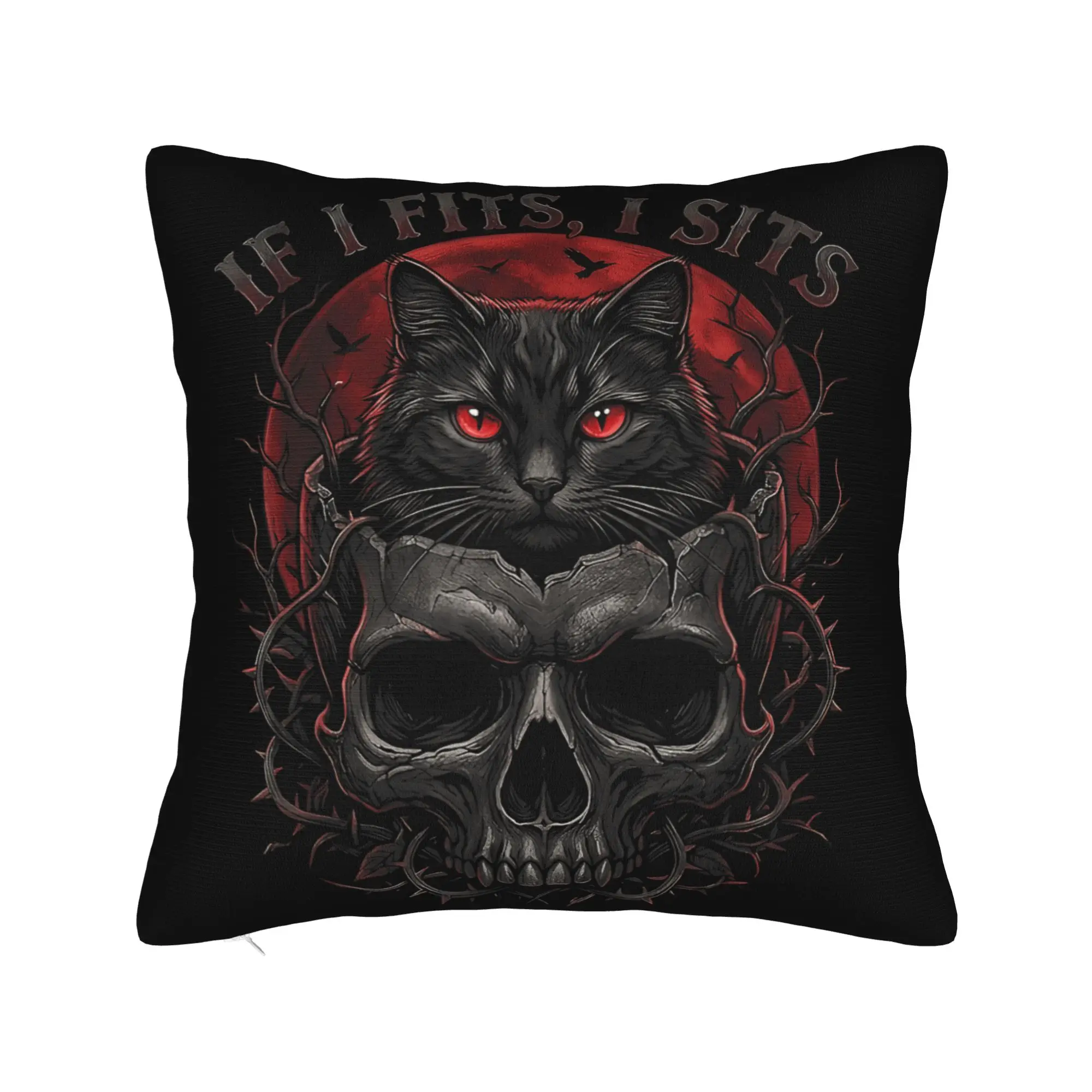 If I Fits I Sits Black Cat Skull Gothic Dark Humor Pillow Case  Square Pillow Cover For Living Room Chair Vintage Pillowcases