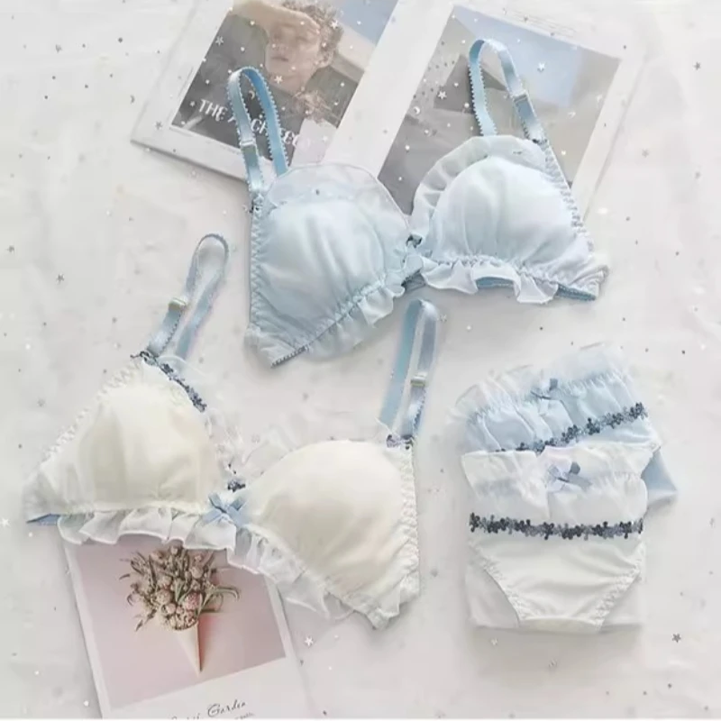 Kawaii japanisches Bügel-BH-Set, Spitzen-Mesh-Dreieck-Bralette für kleine Brust-Push-Up, süßer Babydoll-Stil MOYISU AB Cup 32–38