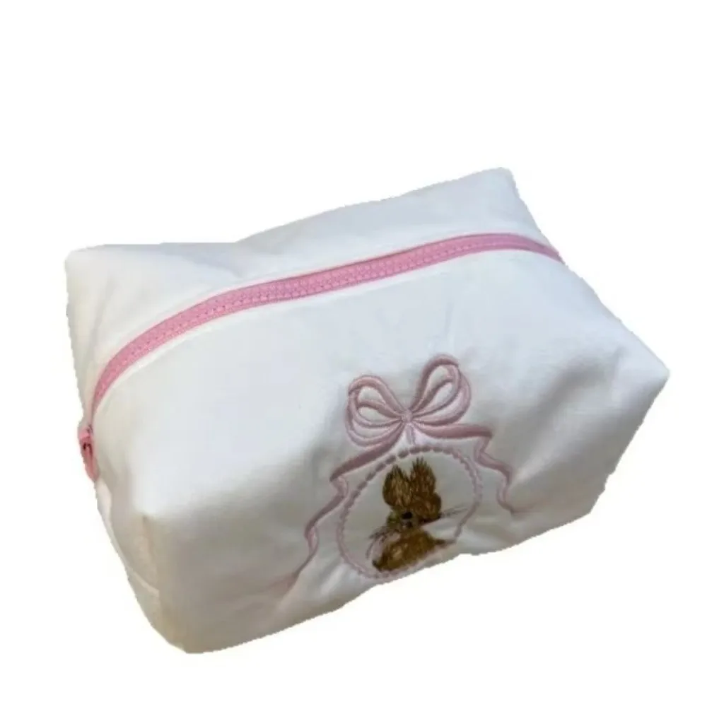 Kawaii Rabbit Cosmetic Bag Large Capacity Zipper Closure Makeup Organizer Lace Bow White Pink Pencil Case Women Girls