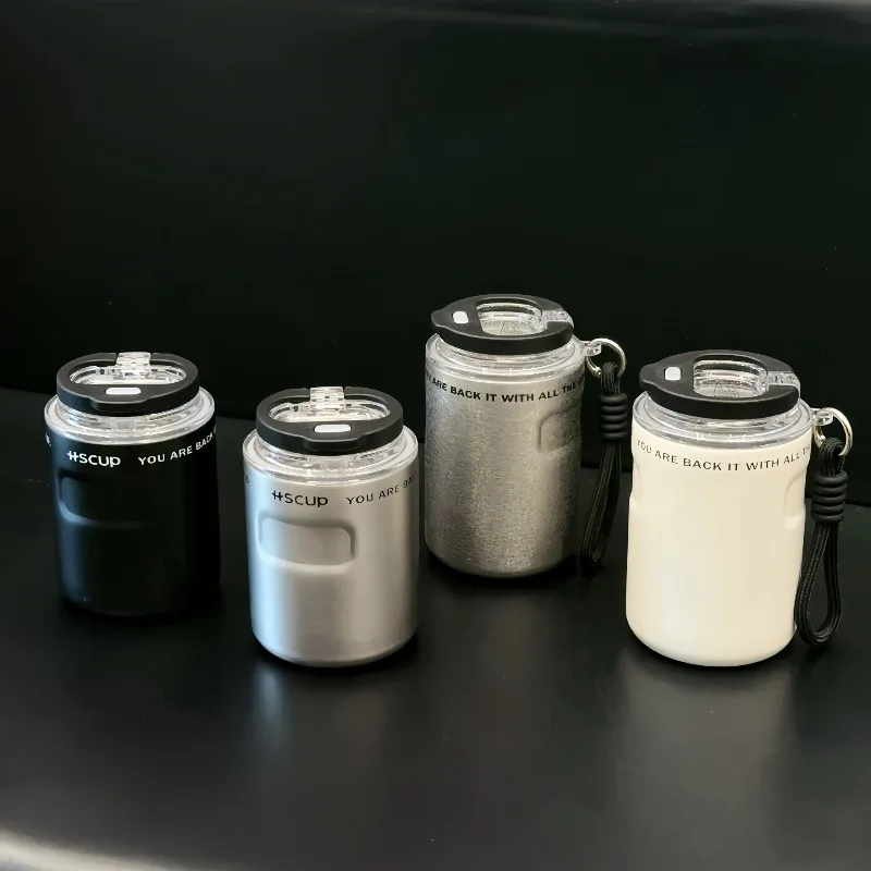 260/350ml Mini 304 Stainless Steel Water Cup, One Click Flip Straw Lid Leakproof Vacuum Tumbler with Lanyard for Office Travel
