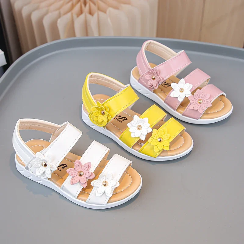 Kids Sandals for Girls Sweet Flower Elegant Princess Wedding Shoes Fashion Chic Children Causal Party Flat Shoes Open-toe Soft