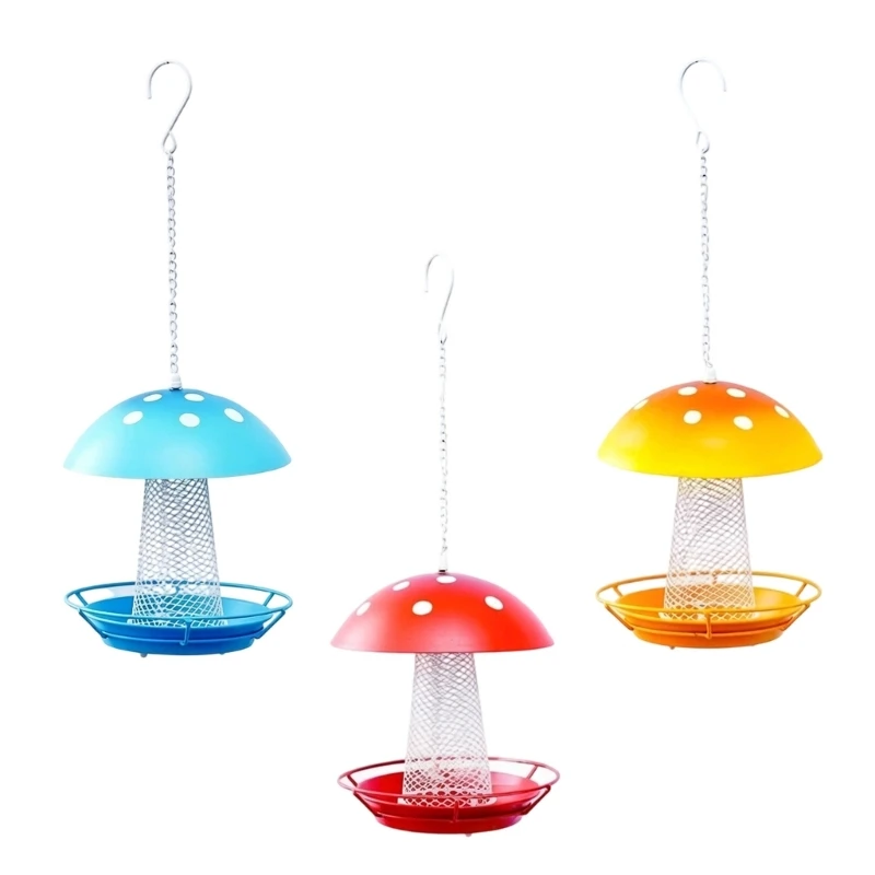 Hanging Mushroom Bird Feeder Iron Metal with Chain, Center Tube and Round Tray for Yard Balcony Porch Display Use B03E