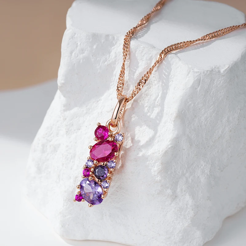 Kinel Hot Shiny Red Purple Natural Zircon Pendant Necklace for Women 585 Rose Gold Color Pendant Ethnic Daily Vintage Jewelry