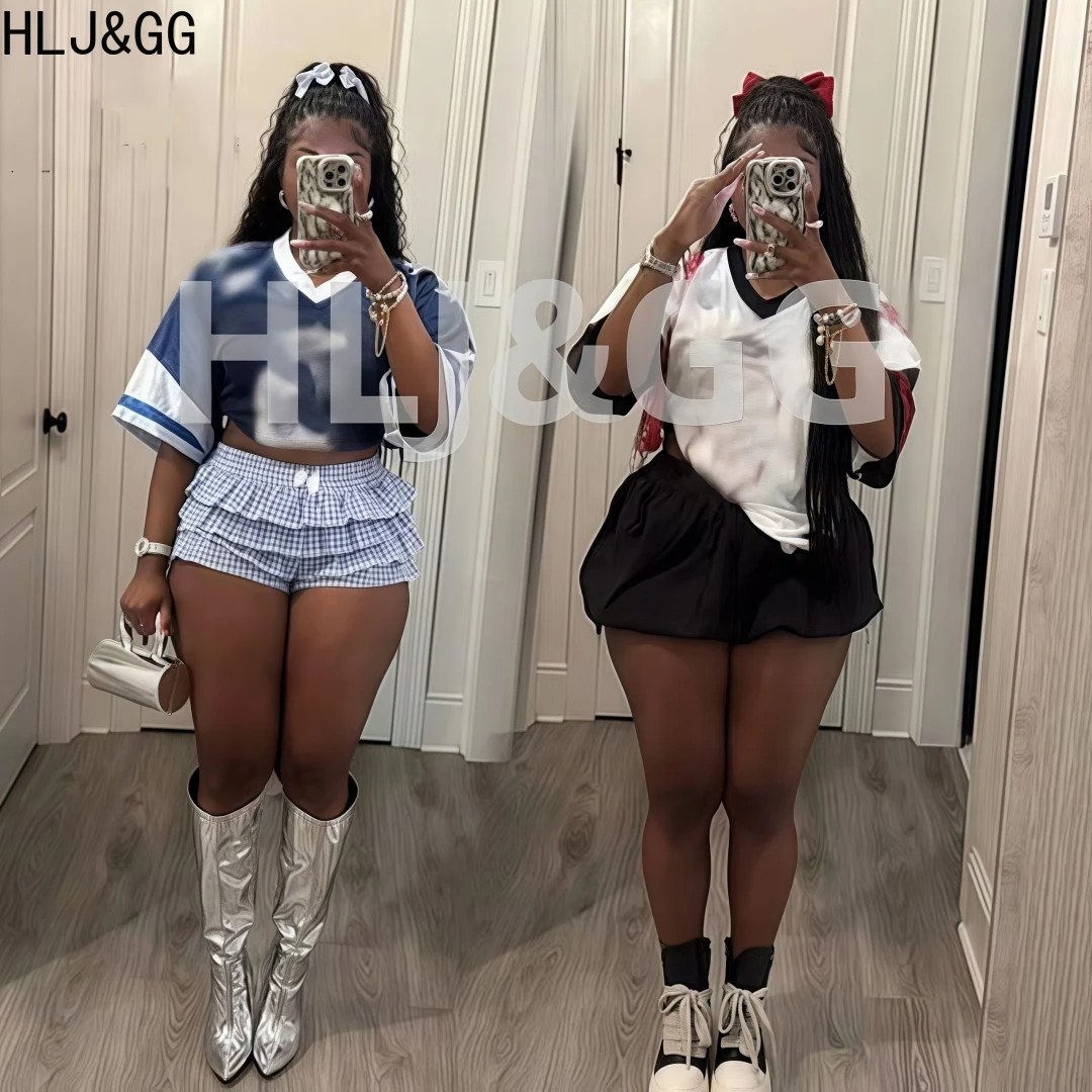 

HLJ&GG Y2K Letter Print Loose Tshirts Two Piece Sets Women V Neck Short Sleeve Top + Mini Puffy Skirts Outfit Fashion Streetwear