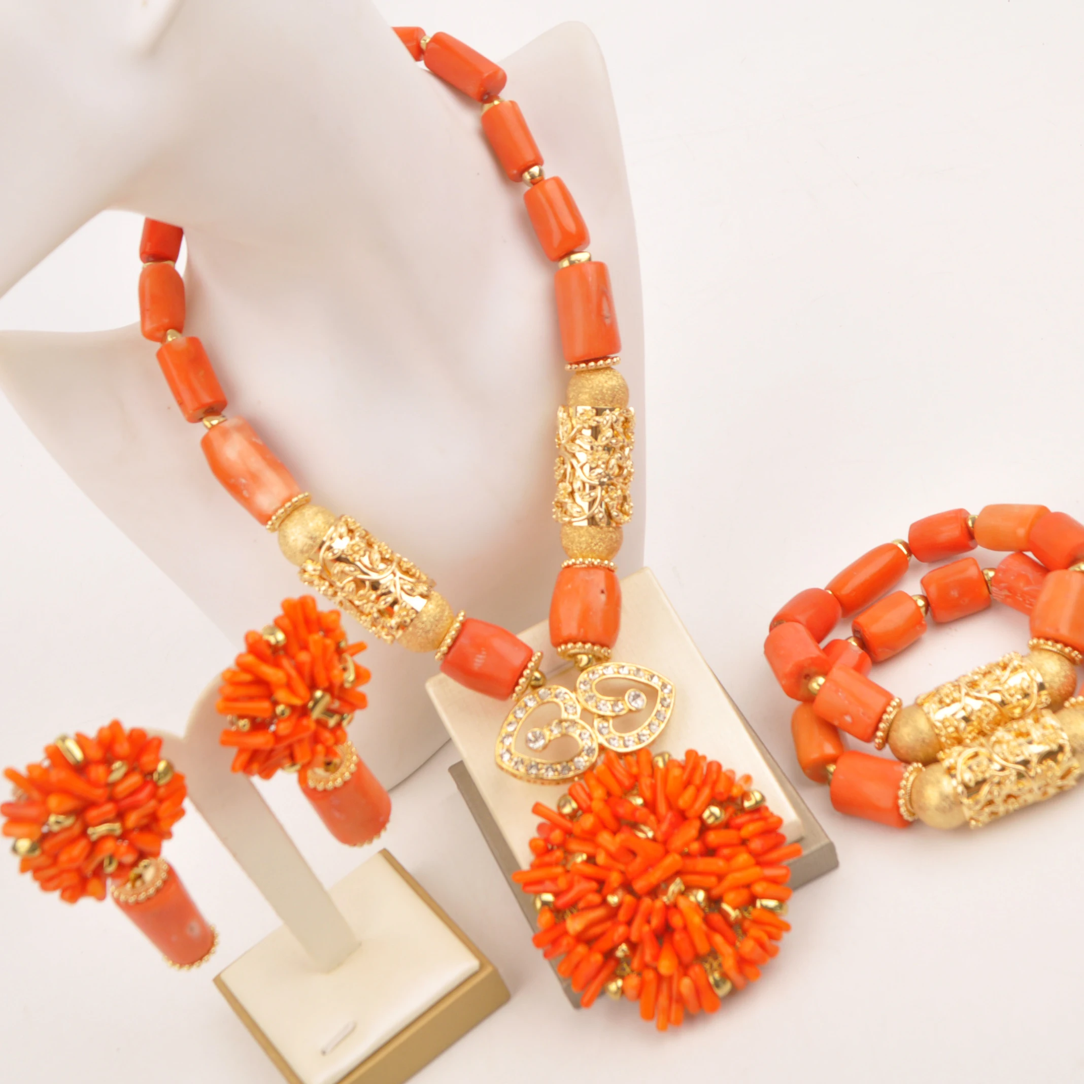 Natural coral Pearl jewel set necklace Orange African Gift for brides Nigeria