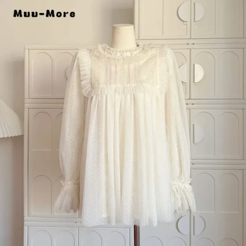 

2025 Spring Lolita Style Sweet Long Sleeve Fairy Shirt Women Elegant Soft Blouses Patchwork Round Neck Chiffon Thin Tees Top