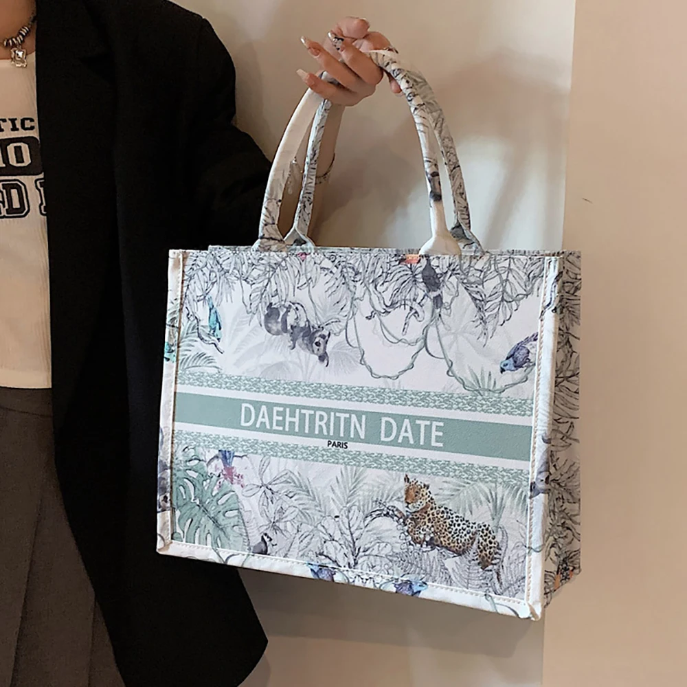 Bolso de mano de lona con estampado exquisito para mujer, bolsa de mano cuadrada de gran capacidad, a la moda