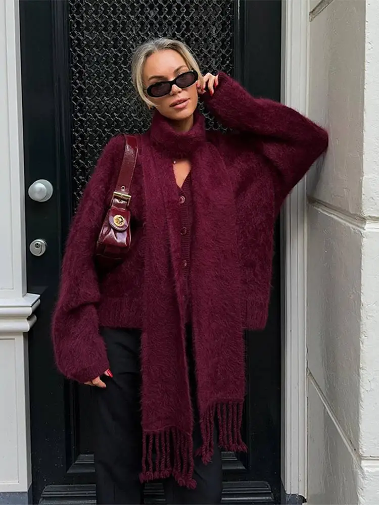 ﻿ Elegant Burgundy Scarf Collar Mohair Knit Cardigan Women Chic Single Breasted Long Sleeve Sweater Ladies 2024 Casual Knitwear