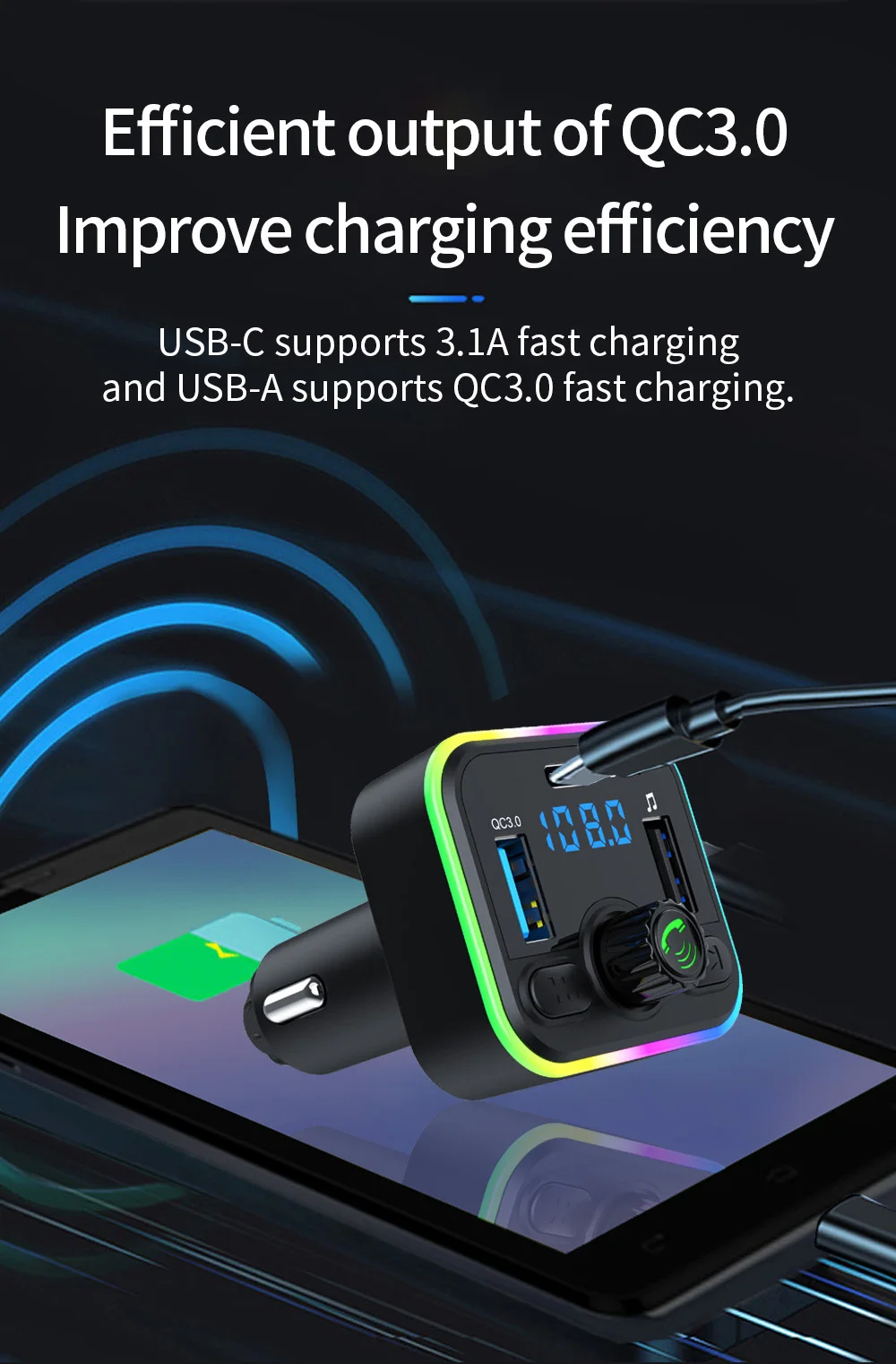P8 FM Transmitter Bluetooth 5.3 MP3 Player Dual USB Type C Car Radio Modulator Fast Charging Adapter With Handsfree RGB Light