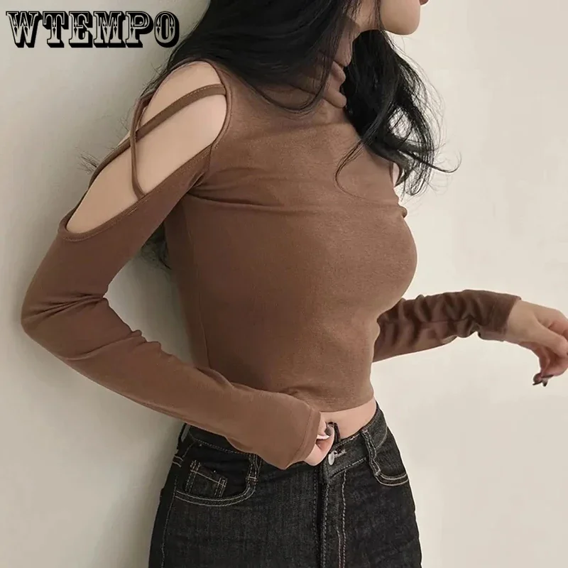 Tight Sexy Crop Top Off Shoulder Criss-cross Turnleneck Women Pullover Thin Slim Undershirt American Hottie KoreanFashion E-girl