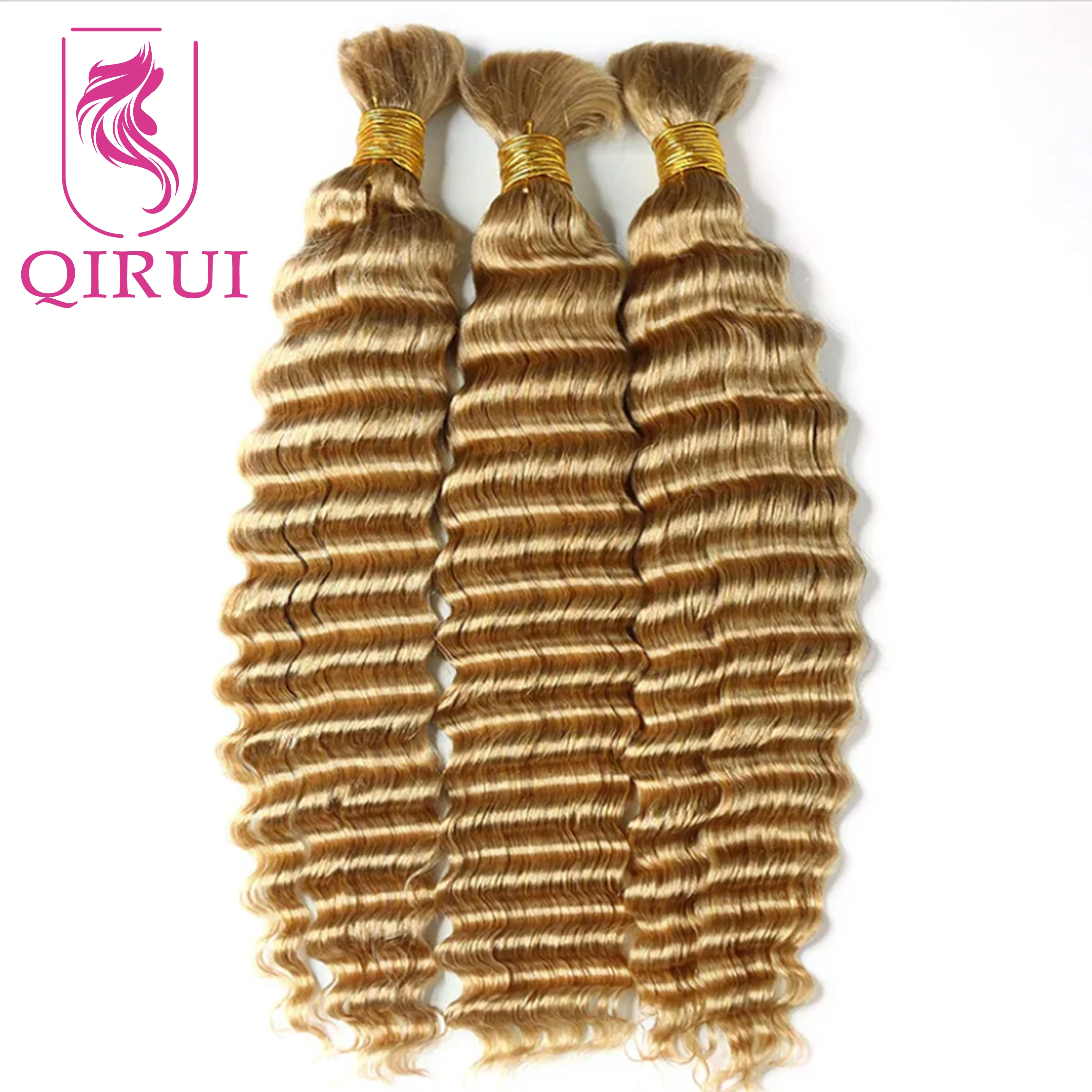 

Bulk Human Hair For Braiding Honey Blonde #27 Deep Wave Double Drawn Bulk Human Hair Bundles Wholesale No Weft Boho Braids