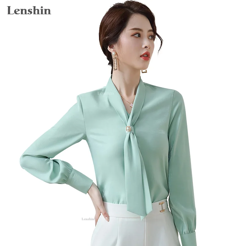 

Lenshin Shiny Fabric Shirts for Women V-neck Blouse with Bow Work Wear Office Lady Female Tops Chemise Loose style